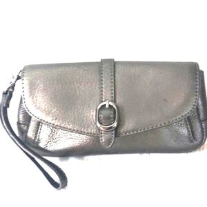 Talbots Wristlet Bag Purse Pebbled Leather Pewter Gray Pockets 8" X 4" X 2"